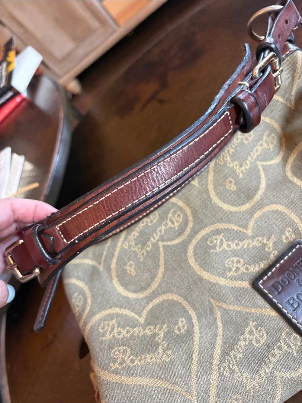 Vintage Dooney & Bourke Heart Monogram Leather Hobo Bag Beige Brown